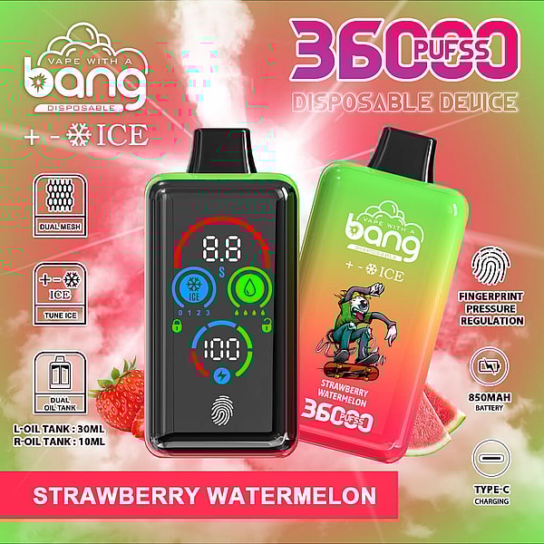 Two colorful Bang disposable vape devices—one with a black front showing a digital LED display and fingerprint icon, the other in a green-to-pink gradient featuring a skateboarding cartoon and 'Strawberry Watermelon' label—set against a pink and green smoky background with icons and text advertising 36000 puffs, ICE tuning, dual oil tanks, fingerprint pressure regulation, 850mAh battery and Type‑C charging.