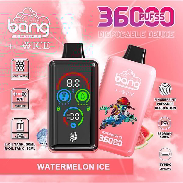 Advertisement for a pink 'Bang' 36000-puff disposable vape in Watermelon Ice flavor, showing a front-facing black device with a colorful LED display and a matching pink device with a skateboarder graphic, surrounded by icons for dual mesh, dual oil tanks, ICE tuning, fingerprint pressure regulation, 850mAh battery, Type-C charging, and a watermelon and ice motif on a smoky pink background.