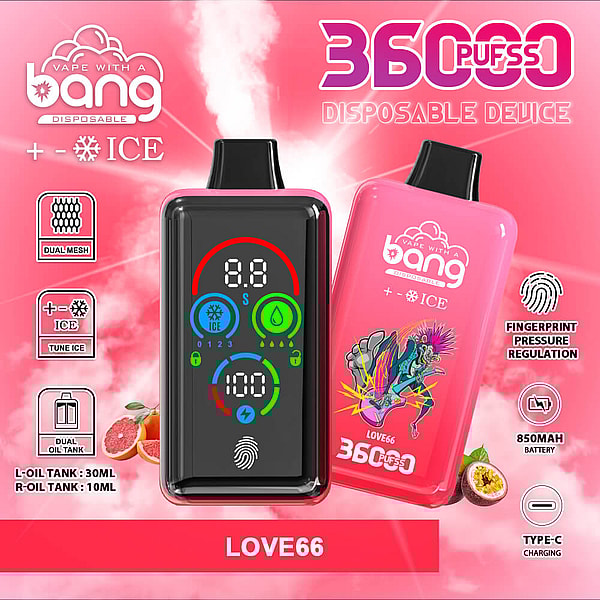 Advertisement showing two pink Bang disposable vape devices labeled LOVE66 with a central black display featuring colorful digital indicators and a fingerprint icon, set against a pink cloud background and surrounded by icons and text highlighting features like 36000 puffs, dual oil tanks (30ml/10ml), ICE tuning, dual mesh, fingerprint pressure regulation, 850mAh battery and Type‑C charging.