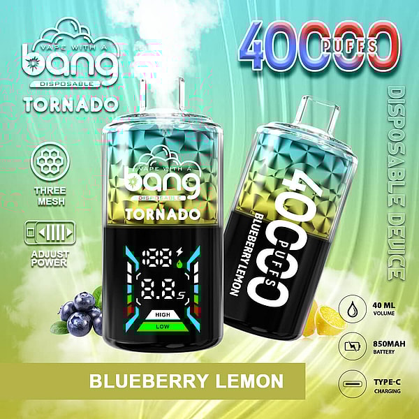 Dos vaporizadores desechables Bang Tornado degradados de color verde turquesa, uno vertical con pantalla digital y vapor y otro inclinado que muestra una etiqueta prominente "40000 PUFFS", sobre un fondo verde con arándanos, rodajas de limón e íconos que indican potencia ajustable de tres mallas, volumen de 40 ml, batería de 850 mAh y carga tipo C, etiquetados como Blueberry Lemon.