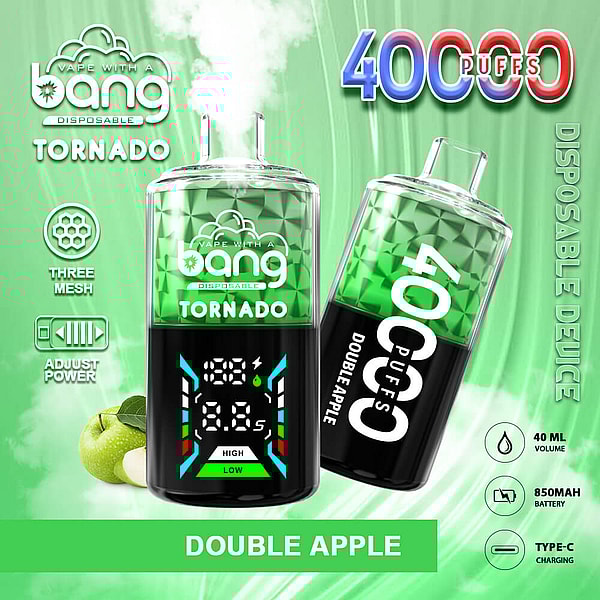 Anuncio que muestra dos dispositivos de vapeo desechables Bang Tornado, de color verde y negro, etiquetados como Double Apple con una pantalla digital y una insignia prominente de “4000 inhalaciones”, rodeados de íconos de tres mallas, potencia ajustable, volumen de 40 ml, batería de 850 mAh y carga tipo C sobre un fondo verde con imágenes de Apple.