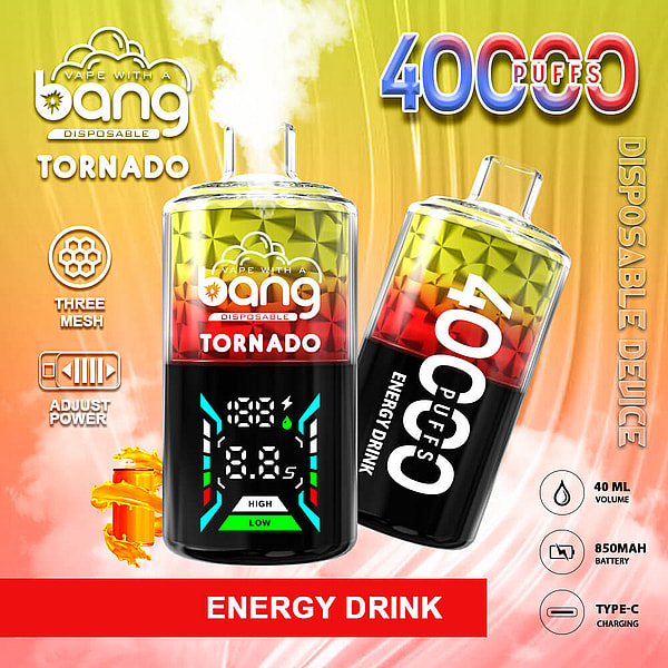 Dos coloridos dispositivos de vapeo Bang Tornado desechables, uno vertical que muestra una pantalla digital y el otro inclinado, etiquetados como "4000 inhalaciones" y "Bebida energética", con íconos de potencia ajustable de tres mallas, volumen de 40 ml, batería de 850 mAh y carga tipo C sobre un fondo ahumado de color amarillo anaranjado.