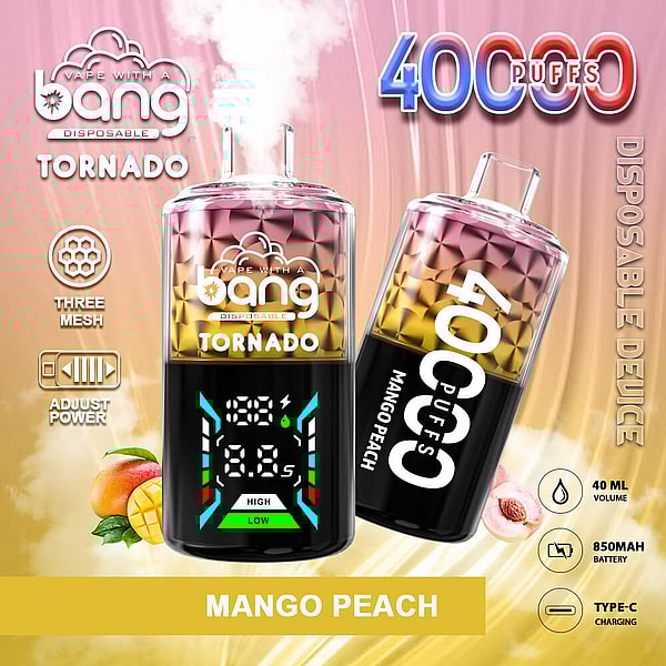 Dos dispositivos de vapeo desechables Bang Tornado brillantes con una parte superior geométrica de color rosa dorado y una base negra que muestra una pantalla de energía digital, contra un gradiente de color rosa anaranjado con ilustraciones de mango y melocotón, etiquetados Mango Peach y acompañados de íconos para 40 ml, batería de 850 mAh, carga tipo C, tres mallas y potencia ajustable.