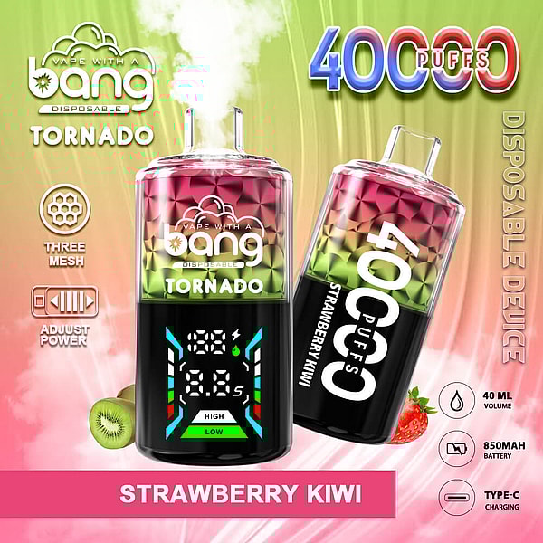 Dos coloridos dispositivos de vapeo desechables Bang Tornado, uno en posición vertical que muestra una pantalla digital y el otro inclinado, con la marca 4000 inhalaciones y la etiqueta Strawberry Kiwi, con fresa y kiwi e íconos de potencia ajustable de tres mallas, volumen de 40 ml, batería de 850 mAh y carga tipo C sobre un fondo degradado verde-rosa.