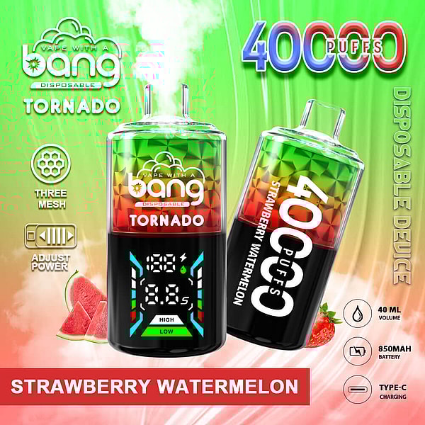 Dos coloridos dispositivos de vapeo desechables Bang Tornado con tapas degradadas de verde a rojo y fondos negros con pantalla digital, texto prominente '40000 puffs' y una pancarta roja 'STRAWBERRY WATERMELON', que muestra la marca y los íconos para bobinas de tres mallas, potencia ajustable, volumen de 40 ml, batería de 850 mAh y carga tipo C sobre un fondo verde y rojo.