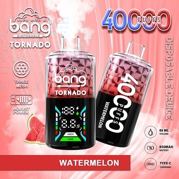 Dos dispositivos de vapeo Bang Tornado desechables de color rosa, rojo y negro con tapas facetadas y uno que muestra una pantalla digital, con la etiqueta “4000 inhalaciones” y “sandía”, sobre un fondo rosado ahumado con rodajas de sandía e íconos para tres mallas, potencia ajustable, volumen de 40 ml, batería de 850 mAh y carga tipo C.