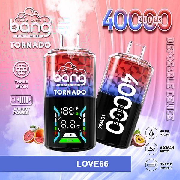 Dos dispositivos de vapeo desechables Bang Tornado con tapas facetadas de rojo a azul y fondos con pantalla digital negra (uno vertical que muestra una lectura de calada/potencia y otro inclinado que muestra “4000 caladas”) sobre un fondo rosa violeta con íconos de tres mallas, potencia ajustable, volumen de 40 ml, batería de 850 mAh y carga tipo C, además de imágenes de pomelo y maracuyá.
