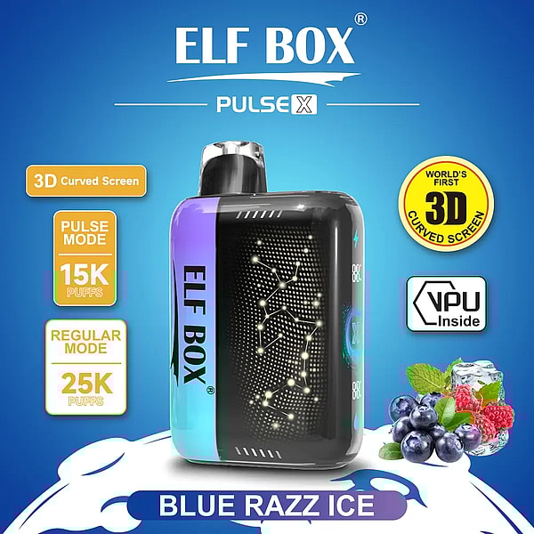Blue-purple ELF BOX Pulse X disposable vape with a curved LED constellation-style screen and vertical ELF BOX branding, shown with badges for 3D curved screen, Pulse mode 15K puffs, Regular mode 25K puffs and VPU inside, and a "Blue Razz Ice" flavor label with blueberries, raspberries and ice cubes.