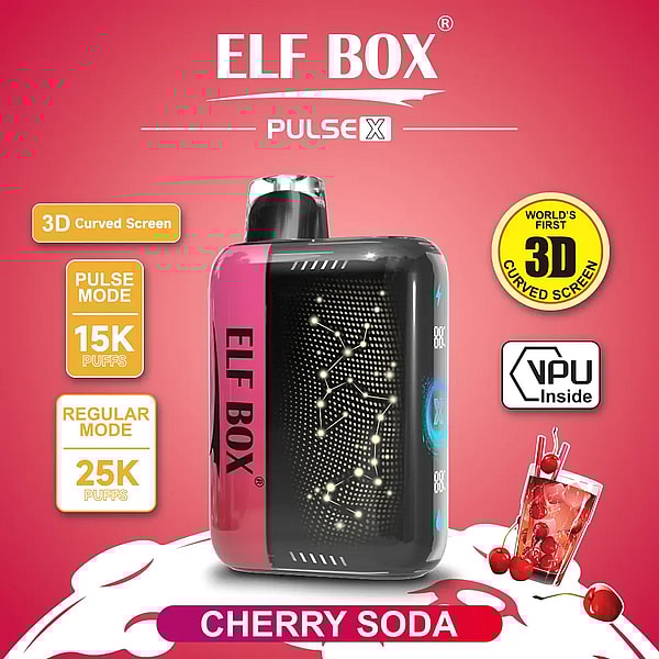 Compact pink-and-black ELF BOX Pulse X vape device with an illuminated dotted screen labeled Cherry Soda, shown on a red background with icons for 3D curved screen, VPU inside, Pulse mode 15K puffs and Regular mode 25K puffs, alongside cherries and a glass of cherry soda.