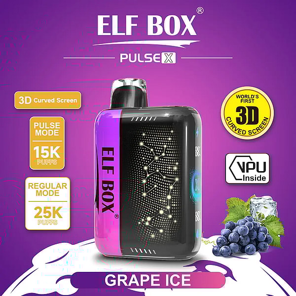 Portable ELF BOX Pulse X vape device with a purple-to-black curved body and constellation-style LED pattern, shown on a purple background with a GRAPE ICE label, a small cluster of grapes and ice, and badges reading Pulse Mode 15K puffs, Regular Mode 25K puffs, 3D Curved Screen and VPU Inside.