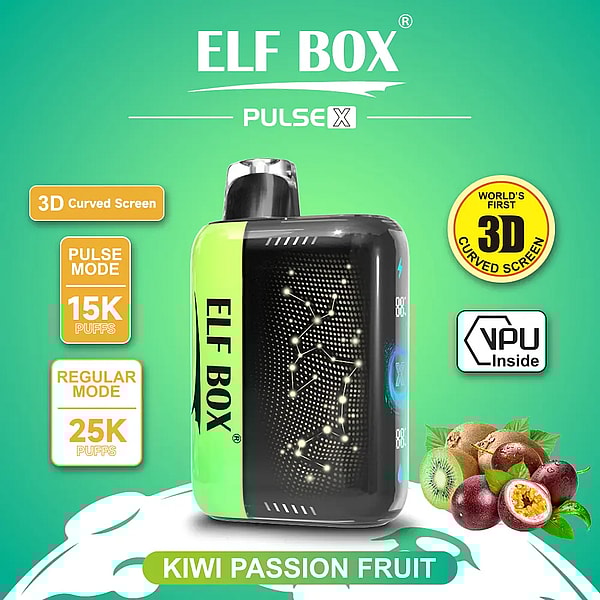 Green-and-black ELF BOX Pulse X vape device centered on a green gradient background with badges for 3D Curved Screen and VPU Inside, labels showing Pulse mode 15K puffs and Regular mode 25K puffs, and kiwi and passion fruit illustrations.