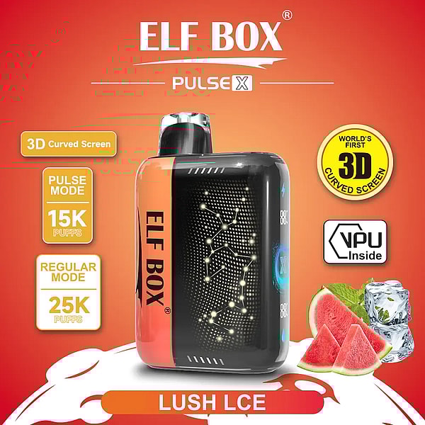 Vibrant orange ad for an ELF BOX Pulse X vape showing a black-and-orange device with a dotted constellation-style 3D curved screen, labels for Pulse mode 15K puffs and Regular mode 25K puffs, a VPU Inside badge, and Lush Ice flavor imagery of watermelon slices and ice cubes.