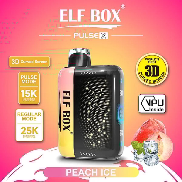 ELF BOX Pulse X compact rectangular vape with a glossy 3D curved screen showing a constellation-like LED pattern and side branding, displayed on a pink-orange gradient alongside badges for 3D Curved Screen, Pulse Mode 15K puffs, Regular Mode 25K puffs and VPU Inside, with peach fruit and ice cubes indicating Peach Ice flavor.