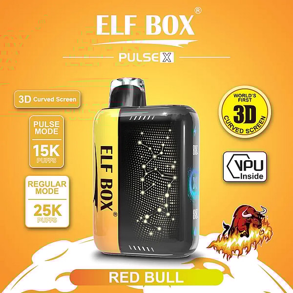 ELF BOX Pulse X disposable vape device in black and yellow with a curved 3D screen showing a constellation-like LED pattern, 'ELF BOX' branding and 'RED BULL' flavor label, set against an orange background with icons reading '3D Curved Screen', 'Pulse Mode 15K puffs', 'Regular Mode 25K puffs', 'VPU Inside', and a flaming bull logo.