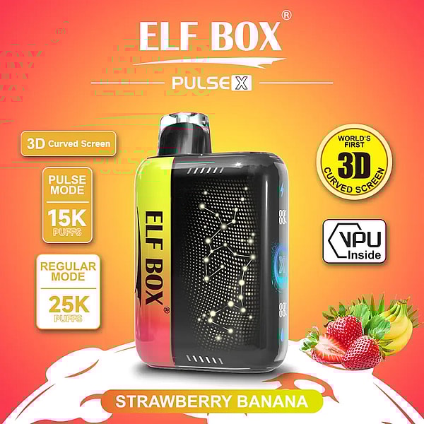 Advertising graphic for the ELF BOX Pulse X disposable vape showing a rectangular black-and-yellow device with a curved digital screen and top mouthpiece, brand name on the side, badges for 3D Curved Screen, Pulse Mode 15K puffs, Regular Mode 25K puffs and VPU Inside, plus strawberry and banana illustrations and a 'Strawberry Banana' flavor label on an orange gradient background.