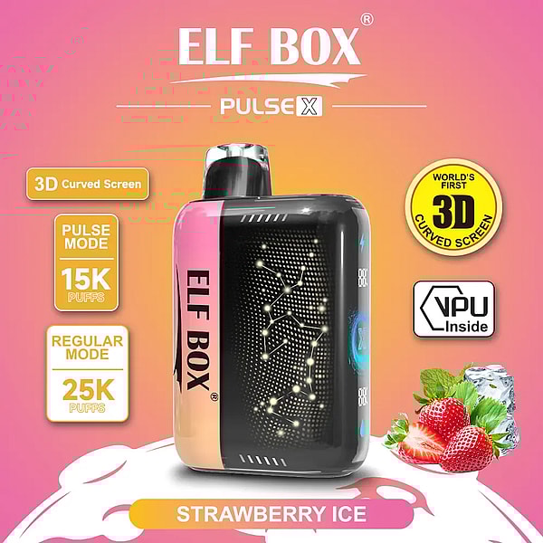 Compact ELF BOX Pulse X vaping device with a pink-to-orange side panel labeled ELF BOX, glossy black curved front with constellation-style LED dots and a top mouthpiece, surrounded by badges for 3D curved screen, Pulse mode 15K puffs and Regular mode 25K puffs, plus strawberries and ice indicating Strawberry Ice flavor on a pink-orange gradient background