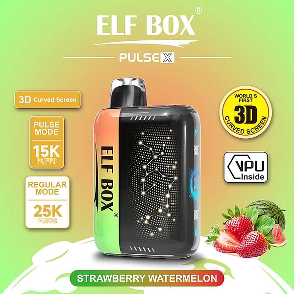Compact rectangular ELF BOX Pulse X vape device with a green-to-orange gradient casing and illuminated dotted 3D curved screen, shown with badges for 3D Curved Screen, Pulse Mode 15K puffs, Regular Mode 25K puffs and VPU Inside, alongside strawberries and watermelon labeled Strawberry Watermelon.