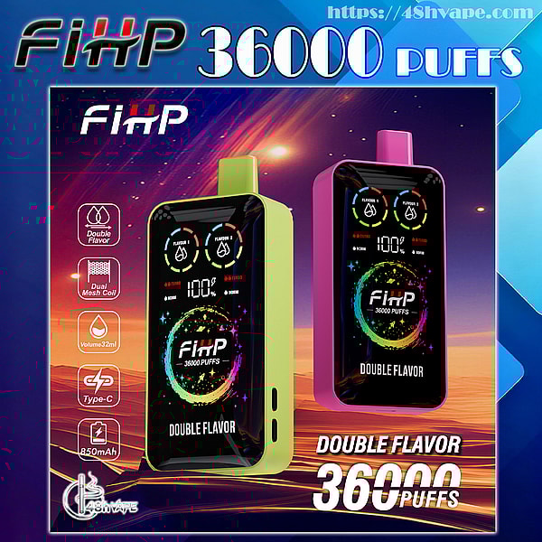 Promotional graphic showing two rectangular FIHP vape devices in lime green and pink with glossy front panels reading FIHP 36000 PUFFS and Double Flavor, surrounded by icons indicating double flavor, dual mesh coil, 32 ml capacity and Type‑C charging against a colorful cosmic background.