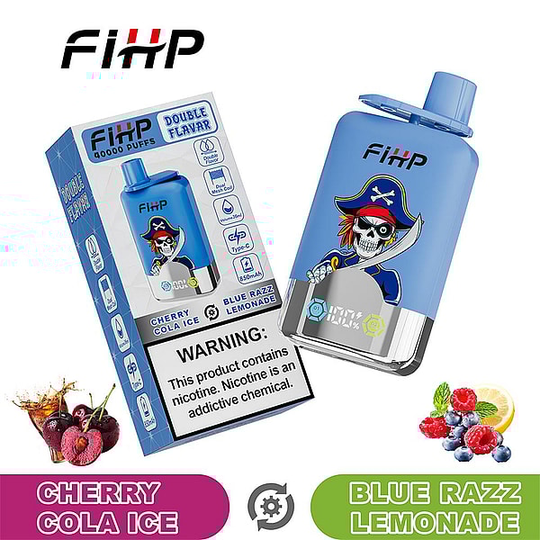Blue disposable vape device and tilted product box branded FIHP featuring a pirate skull graphic, labeled Double Flavor with Cherry Cola Ice and Blue Razz Lemonade flavors, a nicotine warning on the box, and small fruit images (cherries, berries and lemon) nearby.