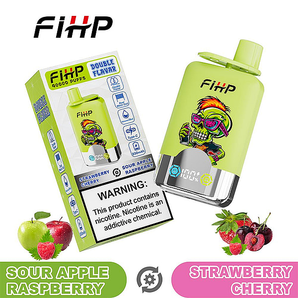 Lime-green FiHP disposable vape and its box featuring a colorful skull-with-sunglasses graphic, flavor names 'Sour Apple Raspberry' and 'Strawberry Cherry', accompanying fruit images, and a prominent nicotine warning label.