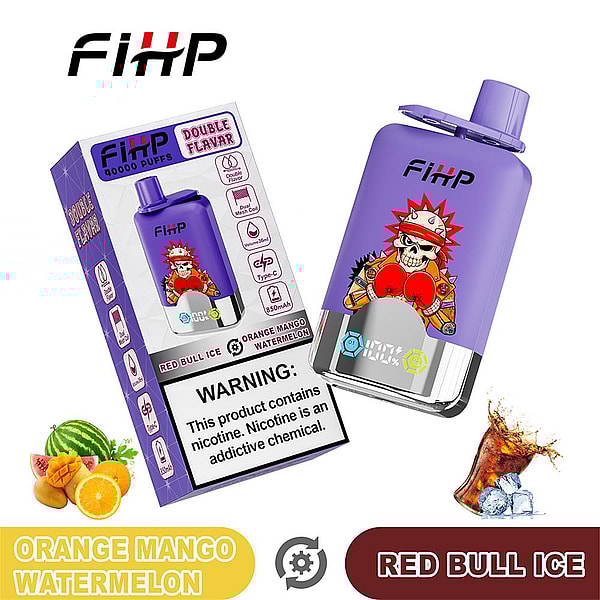 Purple FIHP disposable vape device and matching box featuring a stylized skull with boxing gloves graphic, flavor icons and labels reading Orange Mango Watermelon and Red Bull Ice, a visible nicotine warning panel, and small fruit and cola illustrations.