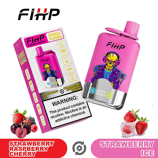 Bright pink FiHP disposable vape and matching box displaying "40000 puffs" and "double flavor" branding, featuring a colorful punk-style character wearing headphones, flavor labels "Strawberry Raspberry Cherry" and "Strawberry Ice," fruit images, and a prominent nicotine warning on the packaging.