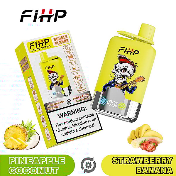Yellow FIHP disposable vape device featuring a cartoon punk skull with a red mohawk playing a guitar, shown next to its matching box labeled “Double Flavor” and “40,000 puffs” with flavor names Pineapple Coconut and Strawberry Banana, a nicotine warning label, and small pineapple, coconut, banana and strawberry illustrations.