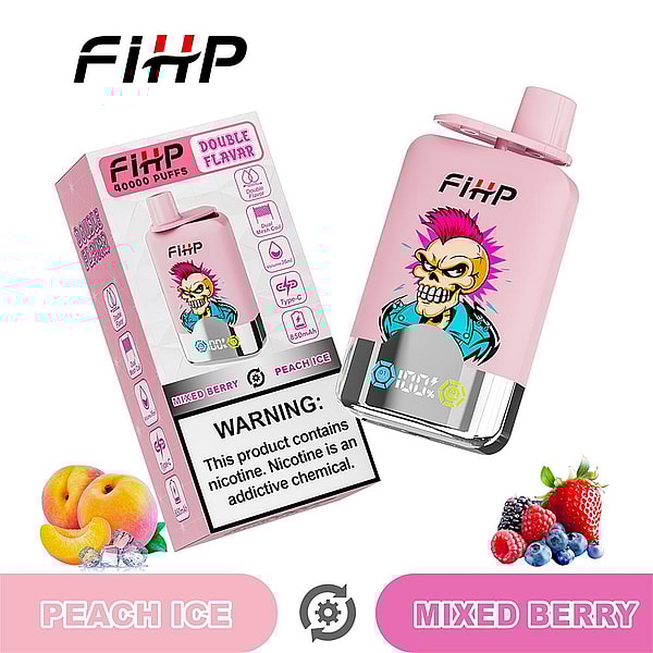 Pink FIHP disposable vape device with a punk skull graphic beside its matching box labeled "Double Flavor 40000 Puffs" and a nicotine warning, shown with peach and mixed berry fruit images and flavor labels "Peach Ice" and "Mixed Berry".
