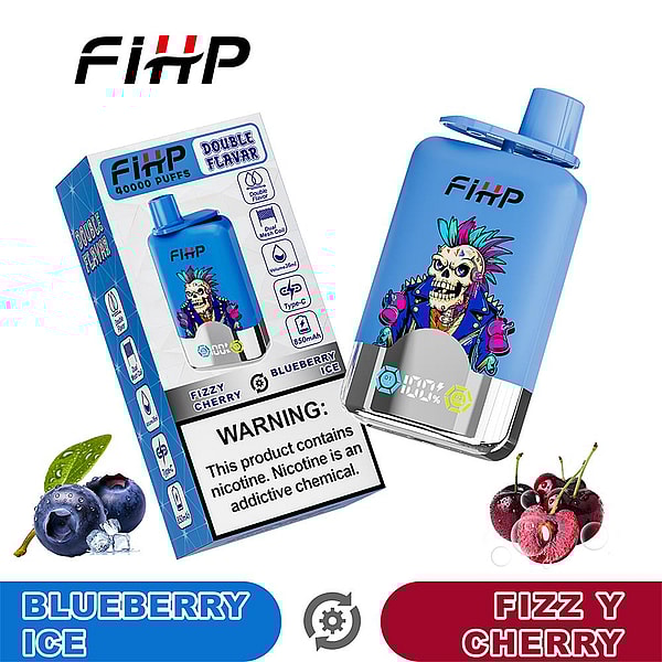 Blue FIHP disposable vape device and matching box featuring a colorful punk skull illustration, labeled 40,000 puffs with 'Blueberry Ice' and 'Fizz y Cherry' flavor names, a nicotine warning label, and small blueberry and cherry images.