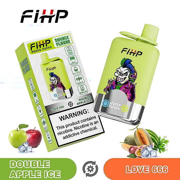 Bright lime-green FiHP disposable vape device and matching box featuring a colorful punk-skeleton illustration, 'Double Apple Ice' and 'Love 666' labels, a nicotine warning, and small fruit and ice graphics.