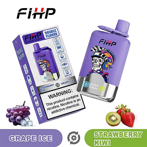Purple FiHP disposable vape and its packaging featuring a skull-in-helmet graphic, visible nicotine warning and product icons, advertising double flavors 'Grape Ice' and 'Strawberry Kiwi' with grape, strawberry and kiwi fruit images.