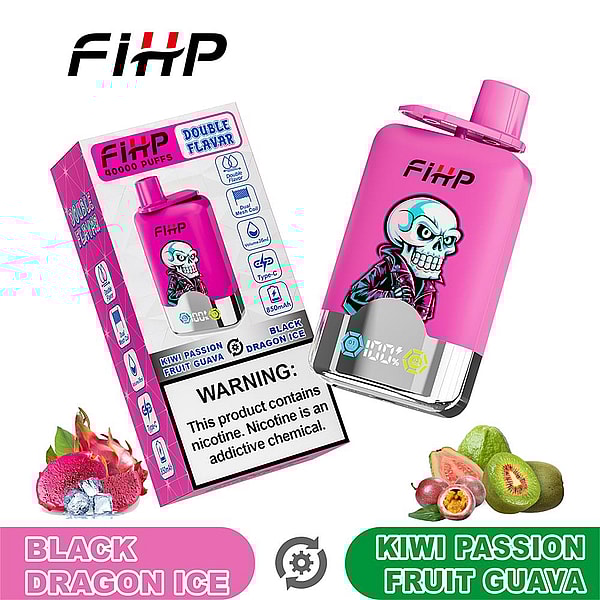 Pink FIHP disposable vape and matching box featuring a skull graphic and digital display, labeled '40,000 puffs' and 'Double Flavor' with a nicotine warning, shown alongside illustrations of dragon fruit with ice, kiwi, passion fruit and guava and flavor names 'Black Dragon Ice' and 'Kiwi Passion Fruit Guava'.