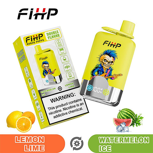Bright yellow FiHP disposable vape and matching box labeled "Double Flavor 40000 Puffs" showing flavors Lemon Lime and Watermelon Ice, a cartoon punk with guitar, flavor icons and a prominent nicotine warning, with lemon and watermelon fruit images.