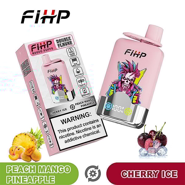 Pink FIHP disposable vape device and matching box featuring colorful punk-skull artwork, flavor labels for peach‑mango‑pineapple and cherry ice, product icons and a nicotine warning, with small pineapple, peach/mango slices and cherries on ice pictured at the bottom.