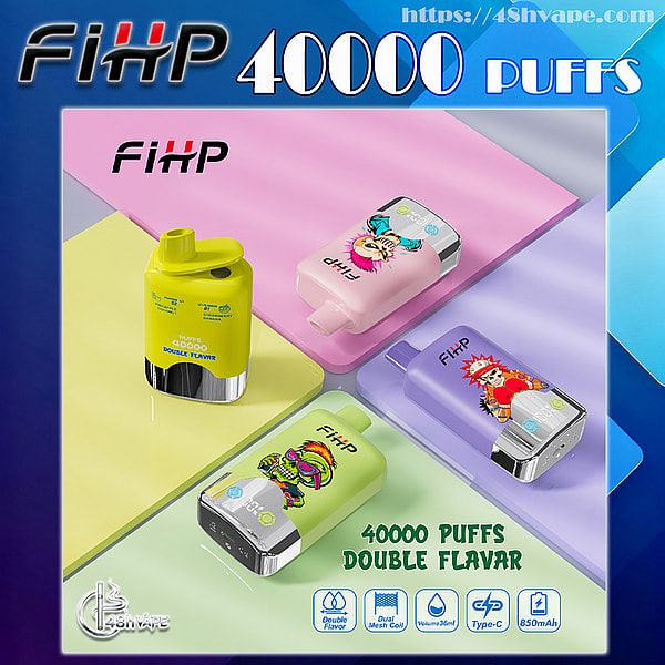 Four colorful FiHP disposable vape devices—a yellow upright pod and three rectangular pink, purple, and green units with metallic mouthpieces and cartoon graphics—arranged on overlapping pastel panels with large 40000 puffs branding and small icons for double flavor, dual mesh coil, 36ml, Type-C, and 850mAh.