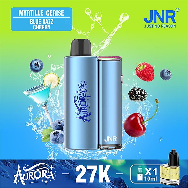 Two metallic light-blue Aurora/JNR vape devices centered on a green-to-blue background with water splashes, floating blueberries, raspberry, blackberry and cherry, a lemon cocktail glass, and labels reading "Myrtille Cerise Blue Razz Cherry" and "27K".