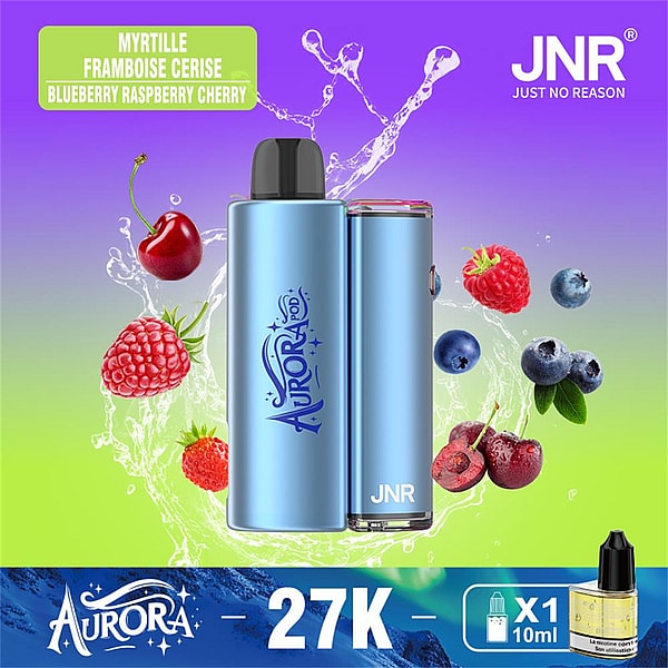 Two metallic sky-blue Aurora/JNR vape devices centered on a purple-to-green gradient with splashing water and floating cherries, raspberries and blueberries, labeled “MYRTILLE FRAMBOISE CERISE / BLUEBERRY RASPBERRY CHERRY” and branded with JNR, Aurora 27K and a small x1 10ml liquid icon.