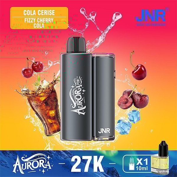 Two matte gray Aurora JNR vape devices centered against a pink-to-orange background with splashing fizzy cola, cherries and ice cubes, a yellow label reading "Cola Cerise Fizzy Cherry Cola," and a blue banner at the bottom showing the Aurora logo, "27K" and a small 10ml cartridge icon.