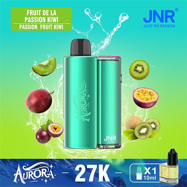 Two metallic teal Aurora JNR pod devices side by side against a green-to-blue splash background, surrounded by whole and sliced passion fruits and kiwis, with a green banner reading "Passion Fruit Kiwi", JNR logo at top right and a blue bar at the bottom showing the price "27K" and a small 10ml bottle icon.