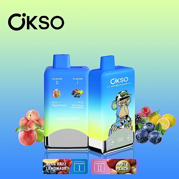 Two blue-to-green gradient OKSO disposable vape devices—one showing a cartoon ape and OKSO Double Flavor logo, the other labeled Flavor I: Blue Razz Lemonade and Flavor II: Apple Peach with “60000 puffs”—sitting on a reflective surface surrounded by blueberries, raspberries, lemons and peaches against a green-to-blue gradient background.