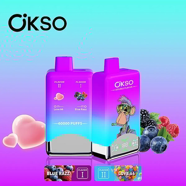 Two tall gradient purple-to-cyan Okso disposable vape devices side by side, one featuring a cartoon smoking monkey and 'DOUBLE FLAVOR' branding, both labeled 'BLUE RAZZ' and 'LOVE 66' with nearby blueberries, raspberries, blackberries and candy hearts and text indicating '60000 PUFFS'.