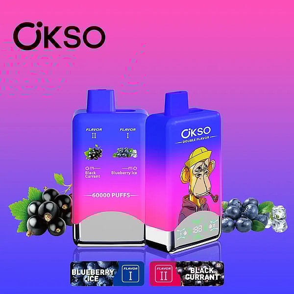 Bright pink-to-purple gradient advertisement showing two blue-and-pink OKSO disposable vape devices—one labeled Blueberry Ice and Black Currant with “60000 PUFFS,” the other featuring a cartoon ape in a yellow hat—surrounded by blueberries, blackcurrants, ice cubes and flavor badges.