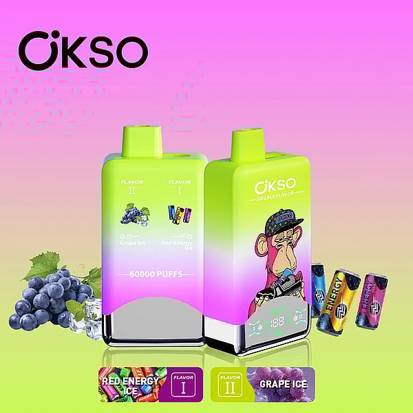 Two lime-green-to-pink gradient ÖKSO double-flavor disposable vape devices—one labeled "60000 PUFFS" with grape and energy-flavor icons, the other featuring a cartoon ape—set against a pink-to-green gradient background with grapes, ice and small energy-can images.