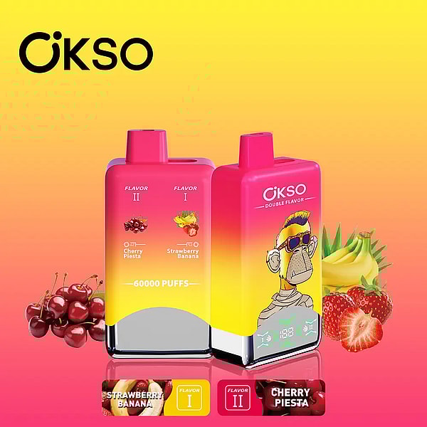 Two pink-to-yellow gradient OKSO disposable vape devices labeled Double Flavor and 60,000 puffs, one showing a cartoon monkey and the other listing Strawberry Banana and Cherry Piesta, with strawberries, bananas and cherries arranged on a yellow-orange background.