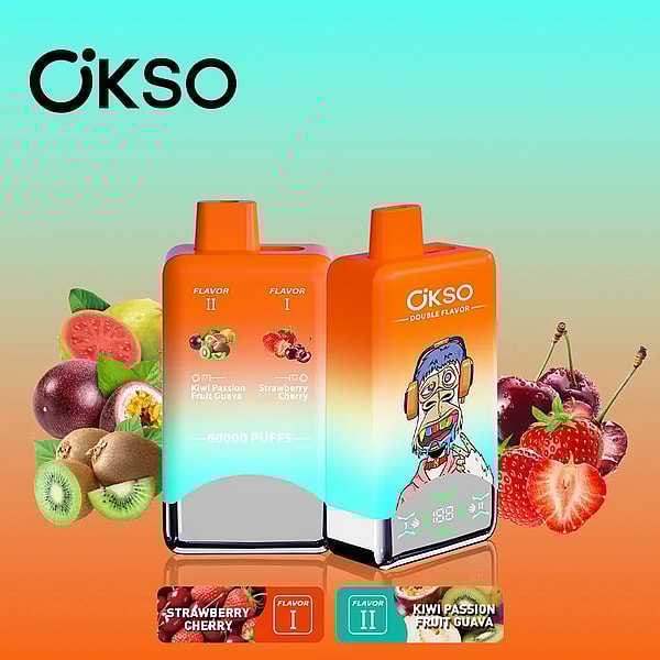 Two orange-to-teal gradient OKSO double-flavor disposable vape devices—one showing flavor labels 'Strawberry Cherry' and 'Kiwi Passion Fruit Guava' and '60000 puffs', the other featuring a cartoon ape—surrounded by strawberries, cherries, kiwis and passion fruit against a turquoise-to-orange background with the OKSO logo top-left.