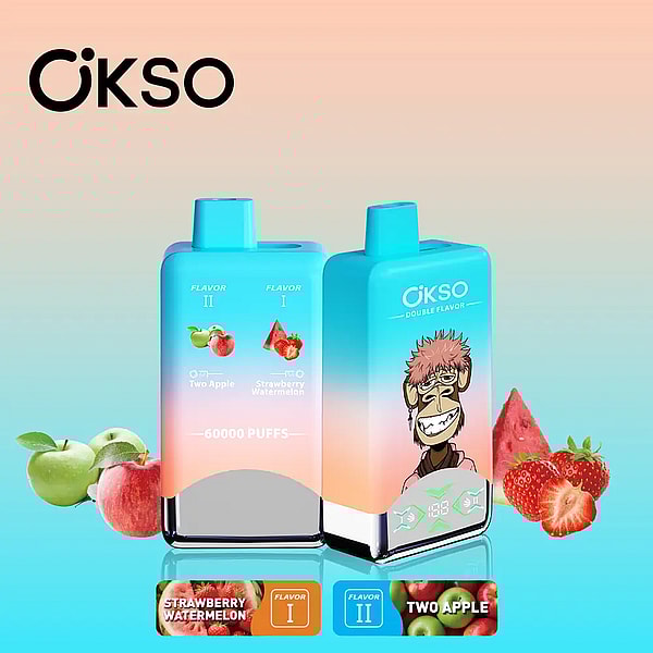 Two turquoise OKSO double-flavor disposable vape devices labeled "60,000 PUFFS," one showing strawberry and watermelon icons and the other a cartoon monkey, surrounded by strawberries, a watermelon slice and green and red apples on a peach-to-teal gradient background.