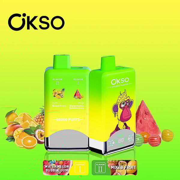Two neon green-to-yellow OKSO disposable vape devices on a green gradient background, one showing a cartoon monkey and the other labeled Watermelon Bubble Gum and Mixed Fruit with fruit slices nearby and the text 60000 PUFFS, plus small flavor icons at the bottom.