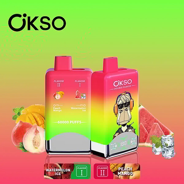 Two brightly colored gradient disposable vape devices side by side under a black OKSO logo, labeled Double Flavor and 60,000 PUFFS with flavor icons and text for Peach Mango and Watermelon Ice, one device featuring a cartoon ape wearing headphones and surrounded by peach, mango and watermelon slices and ice cubes.