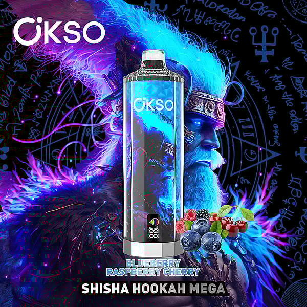 OKSO shisha hookah vape device with neon-blue cosmic artwork, accompanied by blueberries, raspberries and cherries, set before a glowing blue-bearded warrior with runic symbols and the words Blueberry Raspberry Cherry and Shisha Hookah Mega