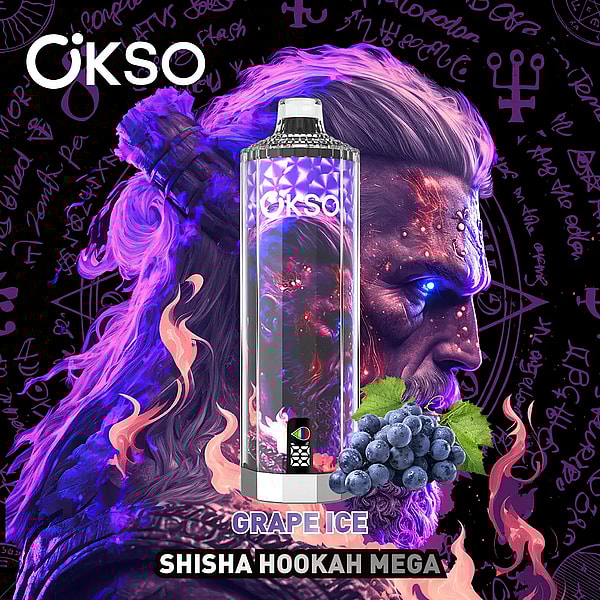 OKSO advertisement featuring a tall metallic shisha hookah device with purple grape-and-ice artwork and a faceted cap, set against a neon-purple illustrated background of flowing hair and mystical glyphs, with the labels 'GRAPE ICE' and 'SHISHA HOOKAH MEGA' at the bottom.